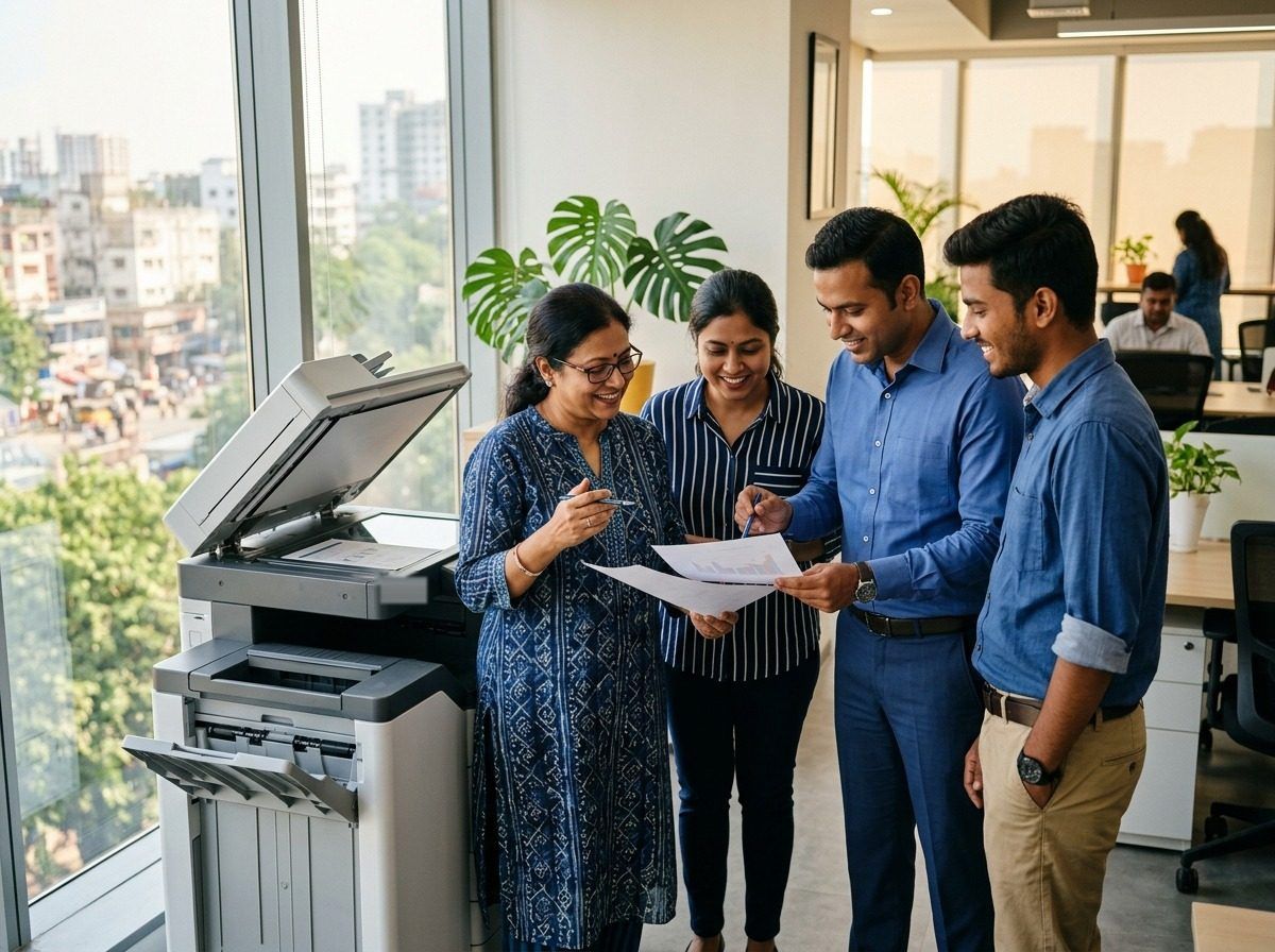 Office team reviewing documents beside a Kyocera multifunction printer