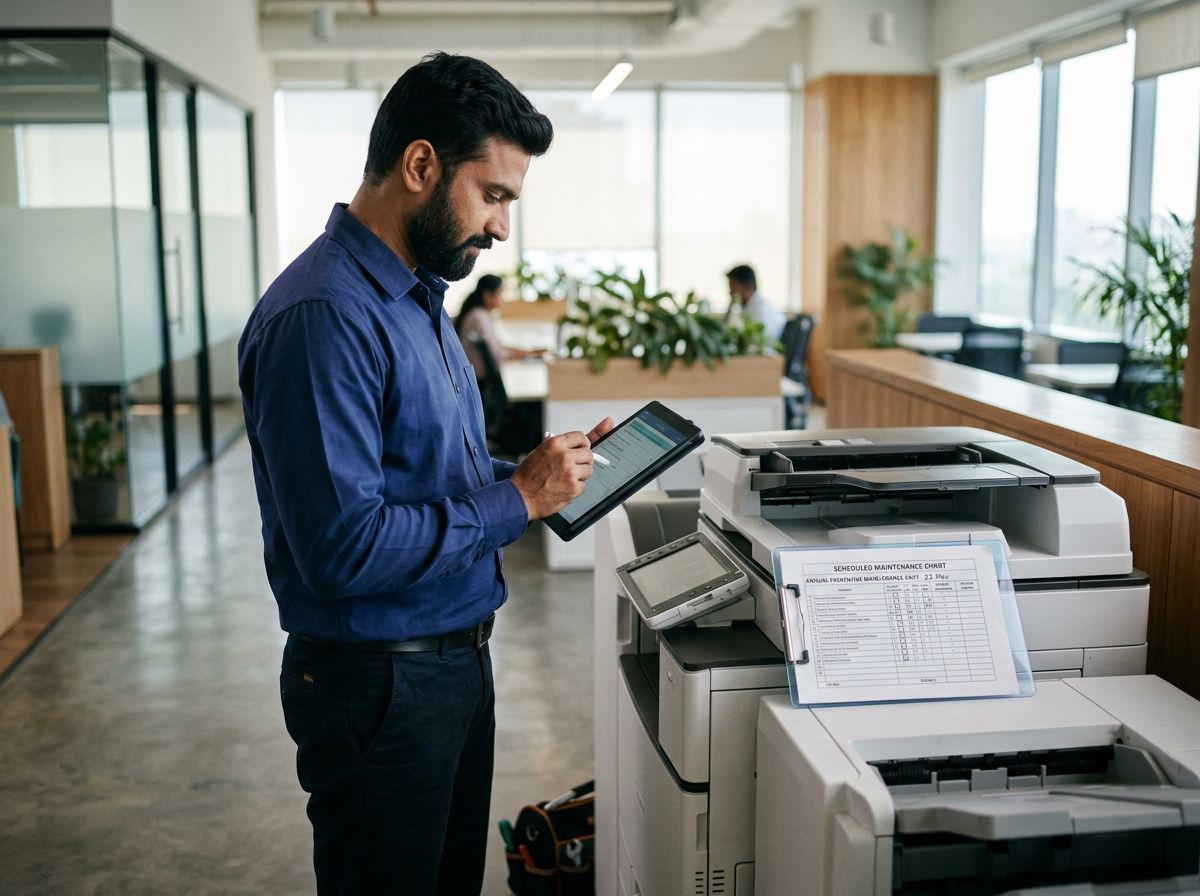 Protech technician performing scheduled preventive annual maintenance on a Kyocera photocopier