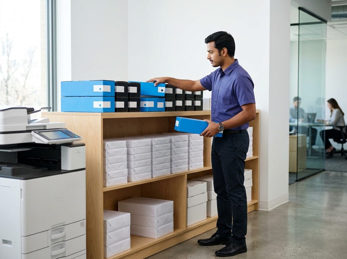 Technician organizing genuine Kyocera toner cartridges and paper supplies