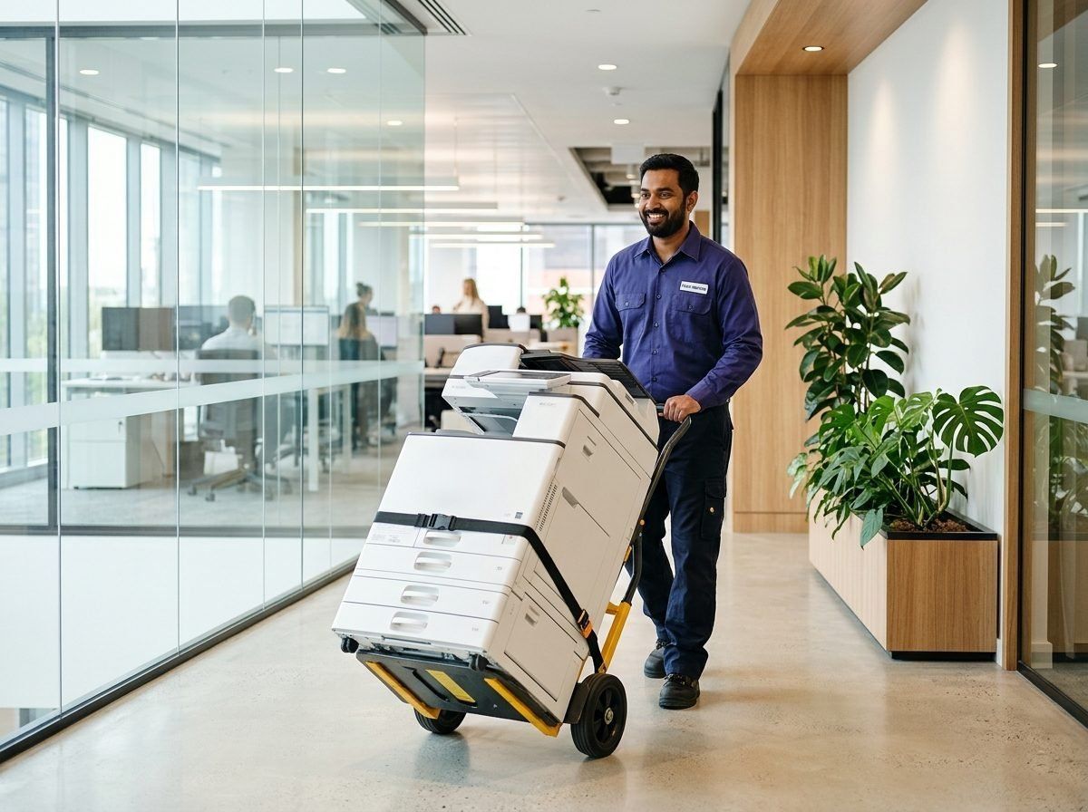 Protech technician delivering a Kyocera multifunction photocopier on a trolley to a corporate office