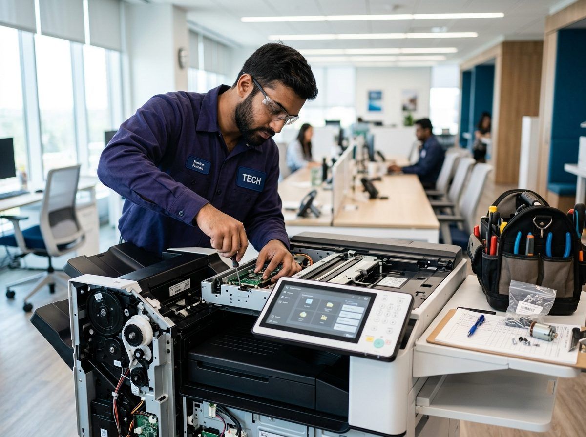 Protech technician repairing a Kyocera multifunction photocopier